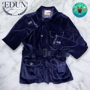 Edun Griffin Womens Small Alchemy Blue Velvet Full Zip Jacket Belted Coat Luxury